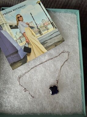 Freida Rothman Vault Silver Necklace with Dark Blue Clover Pendant